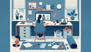 Illustration of a woman working at a desk.