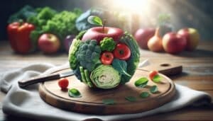 An apple made of vegetables on a cutting board.