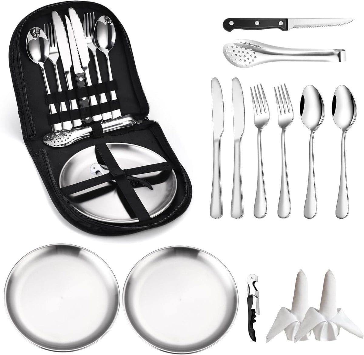 Camping Silverware Kit Cutlery Organizer Utensil Picnic Set Stainless Steel Plate Spoon Clip and Serrated Knife Wine Opener Fork Napkin Hiking - Camp Kitchen BBQ’s