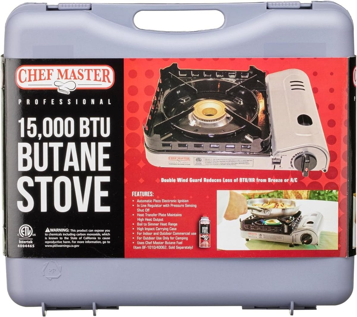 Chef Master 90019 Portable Butane Stove | 15,000 BTU Single Burner Gas Stove | Camping and Backpacking Essentials | Piezo Click Ignition | Double Wind Guard Burner | Hard Carrying Case