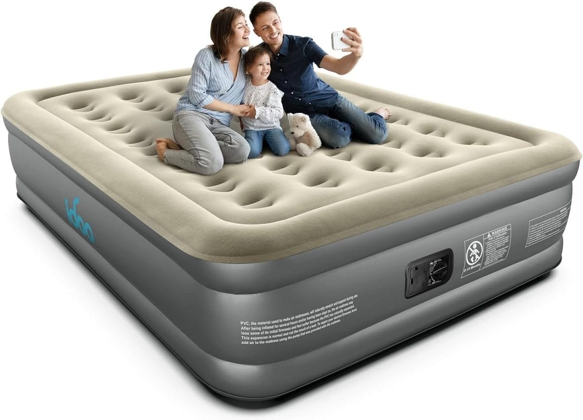 iDOO Luxury Air Mattress with Built in Pump, Queen Size Inflatable Mattress for Camping, Guests, 18 Raised Comfort Blow up Mattress, Durable, Portable  Waterproof Air Bed, Colchon Inflable