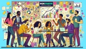 A vibrant illustration of a diverse group of people engaged in a lively discussion around a table, with a backdrop filled with creative and business-related graphics, highlighting a kickstarter funding theme.