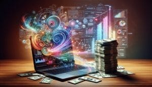 Laptop with colorful abstract data visualization graphics emerging from the screen, surrounded by stacks of money, symbolizing financial success or high-tech analytics in business.