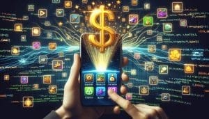A hand holding a smartphone, projecting a glowing dollar sign and various mobile app icons with financial values, amidst a backdrop of digital code and graphics.