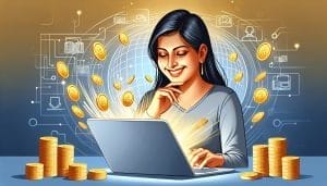 Illustration of a smiling woman using a laptop, with coins and digital finance icons swirling around her.