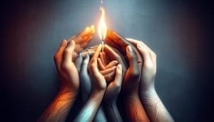 Multiple hands of diverse skin tones cupped together, holding a small, bright flame in a dark setting.