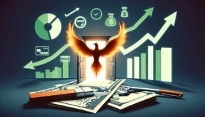 Conceptual illustration of financial freedom with symbolic elements like a phoenix, cash, and growth charts.