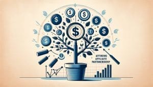 Illustration of a money tree growing in a pot with dollar sign leaves, surrounded by graphs, bar charts, and labels like "affonding affiliate partnership.