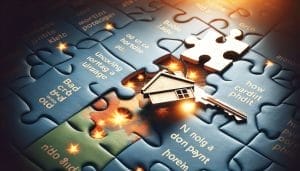 A house key on a puzzle with missing pieces glowing, surrounded by words related to home ownership and finance.