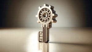 A metallic gear-shaped key standing upright on a reflective surface with a soft-light background.