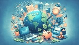 Colorful illustration of global finance featuring a globe, laptop, piggy bank, coins, documents, and various financial icons on a blue background.