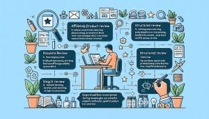 A detailed infographic showcasing the process and elements of product review blogging with an illustration of a person typing on a laptop.