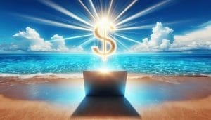 A laptop on a sandy beach emitting a bright, glowing dollar sign symbol into the sky.