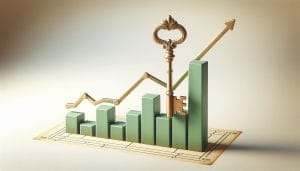 3d illustration of a golden key with an ornate handle on top of rising financial bar charts, indicating growth, on a beige background.