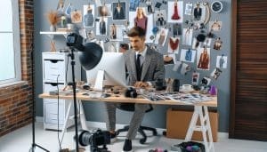 A fashionable male photographer works at a desk in a studio surrounded by a wall plastered with photographs and fashion images.