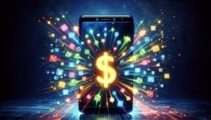 A smartphone emitting colorful app icons and a glowing dollar sign symbolizing monetization or financial technology.