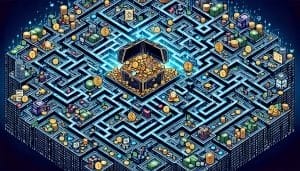 Isometric view of a detailed maze with a treasure chest at the center, surrounded by coins, keys, and obstacles, all set against a dark background.