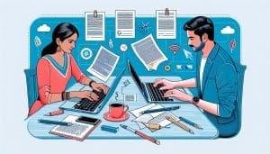 Two professionals working on laptops at a desk cluttered with papers and office supplies, surrounded by digital icons representing cloud computing and data sharing.