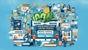 Illustration of a vibrant, detailed scene depicting various activities related to making money through online courses, featuring people, digital devices, books, and financial symbols.