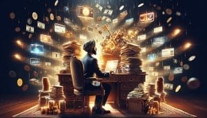A man wearing a turban sits at a desk piled high with papers, surrounded by floating images and objects in a dimly lit, mystical room.