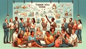 Illustration of a diverse group of people in a room with speech bubbles containing phrases of gratitude directed towards someone named yonk.