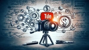 Illustration of a dslr camera on a tripod surrounded by icons and symbols representing video production, creativity, and monetization, with a youtube logo on the camera screen.