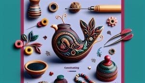 Colorful quilled paper art supplies and creations, including a bird sculpture, bowls, and a pen, displayed on a purple background.