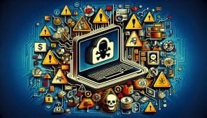 Digital artwork depicting cybersecurity threats and computer hacking symbols surrounding a laptop.