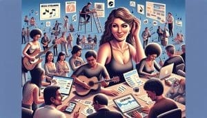 Illustration of diverse people engaged in various activities related to music and digital technology, including playing instruments, using computers, and handling mobile devices.