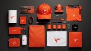 A collection of branded merchandise, including a cap, bag, stationery, bottle, mug, and clothing items, all in matching orange and white colors with a logo featuring a stylized bull's head.