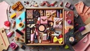 A top-view photo of an open box filled with assorted beauty products, makeup items, and gifts with bows. Surrounding the box are various other beauty-related items and small gift boxes.