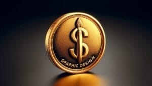 A gold coin engraved with a dollar sign and a paintbrush, labeled "Graphic Design," on a dark background.