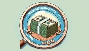 Illustration of a magnifying glass focusing on a stack of dollar bills and coins, surrounded by the text "Monthzhzing Tips".