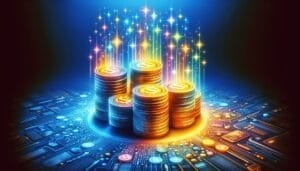 Piles of glowing coins on a digital circuit board, symbolizing financial technology, with sparkling lights and vivid blue and orange hues.
