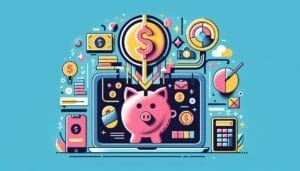 Colorful illustration of a piggy bank on a laptop surrounded by financial icons, including coins, graphs, and a calculator, symbolizing online banking or financial management.