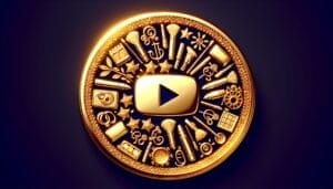 A golden circular emblem with a play button at the center is surrounded by various beauty-related icons, including makeup brushes, lipsticks, and mirrors on a dark background.