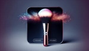 A makeup brush with colorful powder explosion against a dark background, displayed within a reflective square frame.