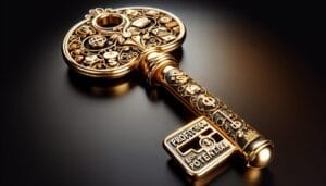 An ornate gold key features intricate designs and symbols, including currency signs, a padlock, and the words "Profit is just potential" on the handle, resting on a reflective dark surface.