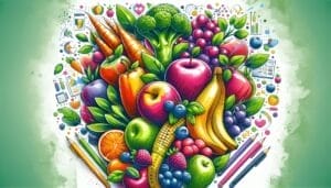 Illustration of a colorful arrangement of various fruits and vegetables including apples, oranges, bananas, carrots, and broccoli, surrounded by health-related icons and measuring tape on a green background.