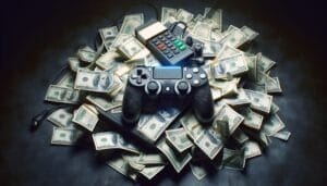 A video game controller, a calculator, and a stack of cash are arranged on a surface, highlighting themes of finance and gaming.